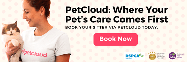 A woman wearing a white PetCloud t-shirt is holding a cat. Text above her reads, "PetCloud: Where Your Pet’s Care Comes First." A banner below features a "Book Now" button with logos for RSPCA, Australia's Cat Sitter of the Year 2018-2022, and Registered NDIS Provider.